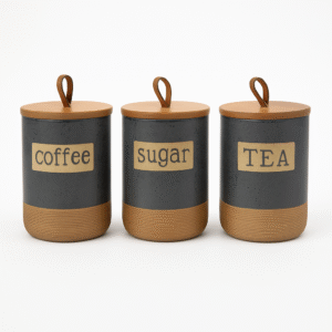 FJ-360 Ceramic Airtight Jar Set with Wooden Lid Kitchen Storage Containers for Tea Coffee Sugar Multipurpose Canisters for Countertop Pantry Jars Sets of 3 / 500Ml Capacity each jar