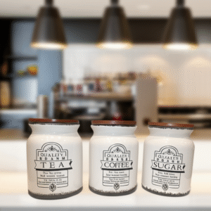 FJ-361 Ceramic Airtight Jar Set with Wooden Lid Kitchen Storage Containers for Tea Coffee Sugar Multipurpose Canisters for Countertop Pantry Jars Sets of 3 / 500Ml Capacity each jar (White)