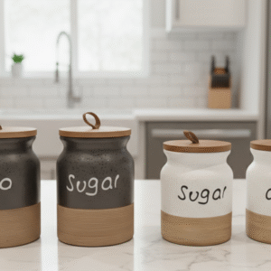 FJ-362 Ceramic Airtight Jar Set with Wooden Lid Kitchen Storage Containers for Tea Coffee Sugar Multipurpose Canisters for Countertop Pantry Jars Sets of 3 / 500Ml Capacity each jar