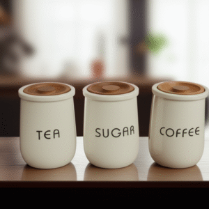 FJ-366 Ceramic Airtight Jar Set with Wooden Lid Kitchen Storage Containers for Tea Coffee Sugar Multipurpose Canisters for Countertop Pantry Jars Sets of 3 / 500Ml Capacity each