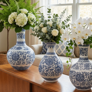 Ceramic Hand Painted Flower Vase, Blue and White Floral Pattern, for Living Room and Office Decor