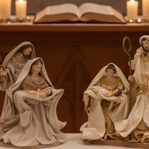 Handcrafted Holy Family Set Featuring Joseph, Mary and Baby Jesus in a Cradle Resin Adorned with Detailed Cotton Clothing displayed on a Wood