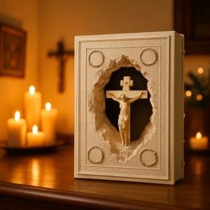 FJ-231 Decorative showpiece Built-in Crucifix Shaped Like a Book with a Deliberate, Rough-Edged Cutout in The Front Cover. Inside This Niche, a White Figurine of Jesus on The Cross Height 23cm